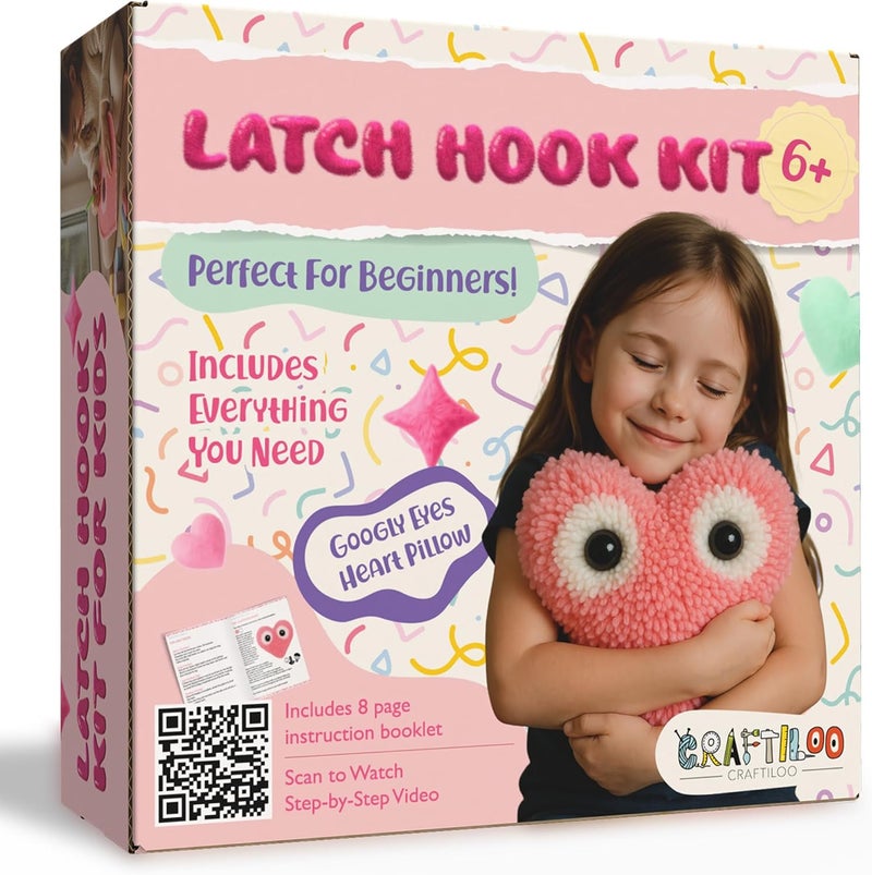 CRAFTILOO Latch Hook Kit for Kids Rug DIY Pillow Craft with Hook, Precut Yarn, Easy to Follow Pattern Cute Designs with Googley Eyes Heart Ages 6+ - Image 1